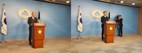 자유한국당 여상규 의원(왼쪽)과 한선교 의원이 2일 국회에서 제21대 총선 불출마를 선언하고 있다./사진=이광효 기자